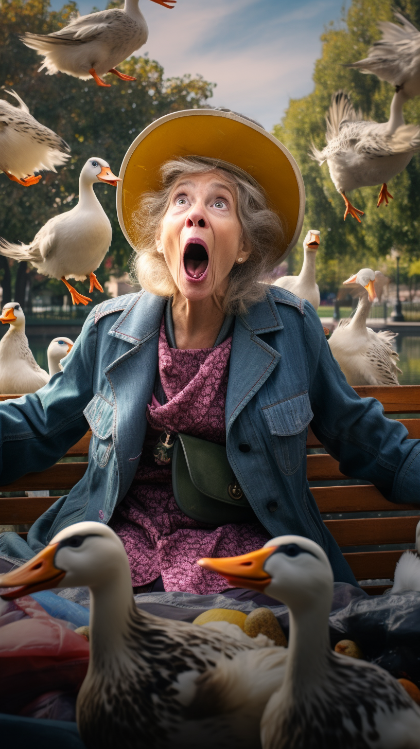 Ducks throwing bread at surprised homeless woman