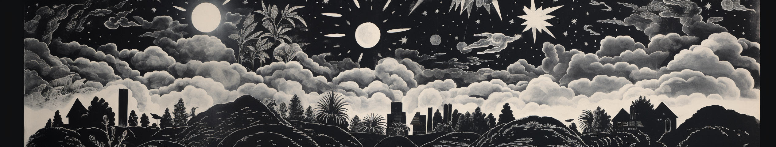 Black and white woodblock print of psychedelic weather forecast