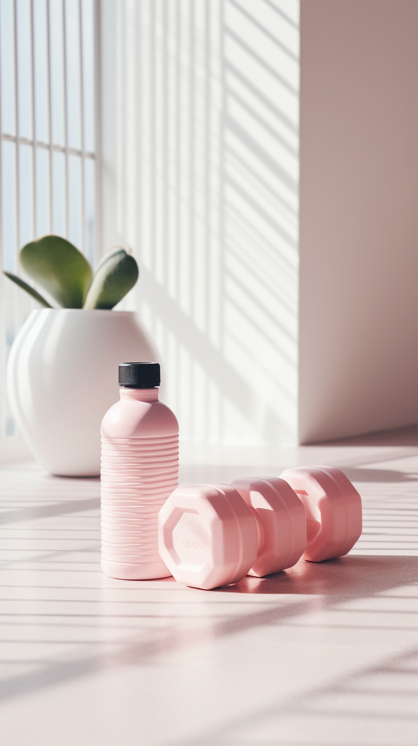 Fitness essentials on floor: dumbbells and water bottle