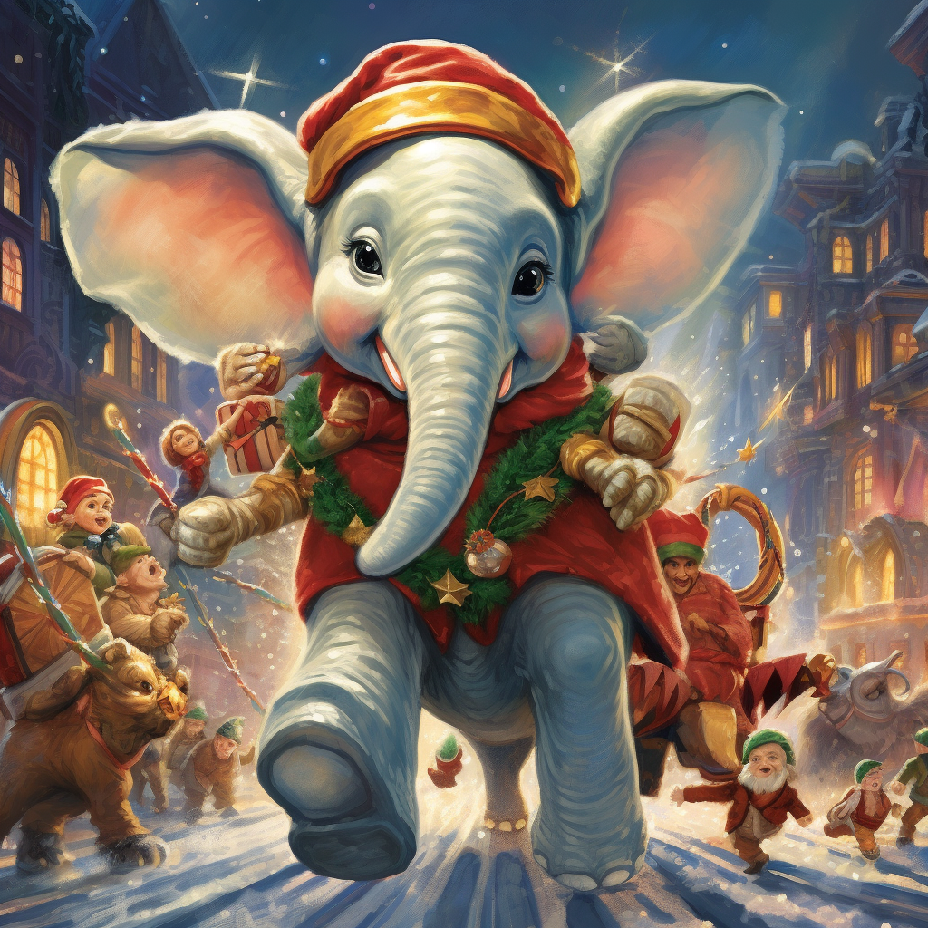 Dumbo dressed as Rudolph guiding Santa's sleigh ?