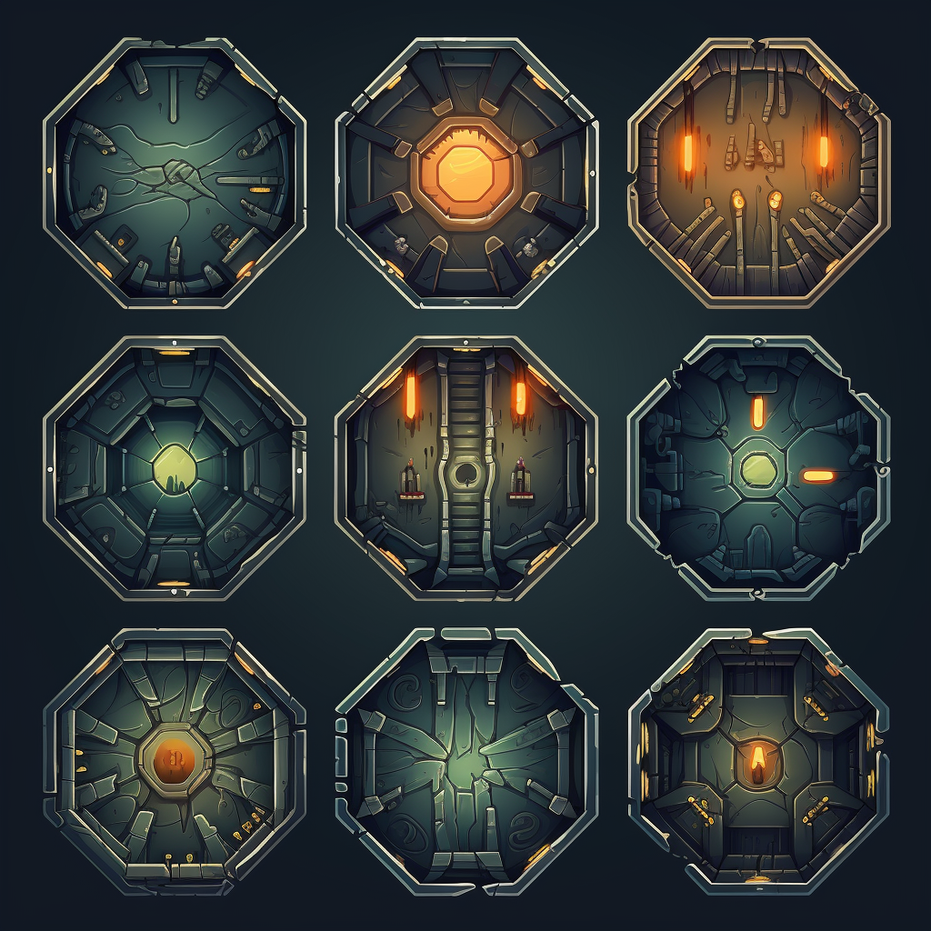 Hexagonal icons of dungeon rooms