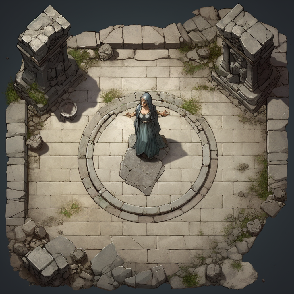 Top View of Dungeon Floor with Broken Statue