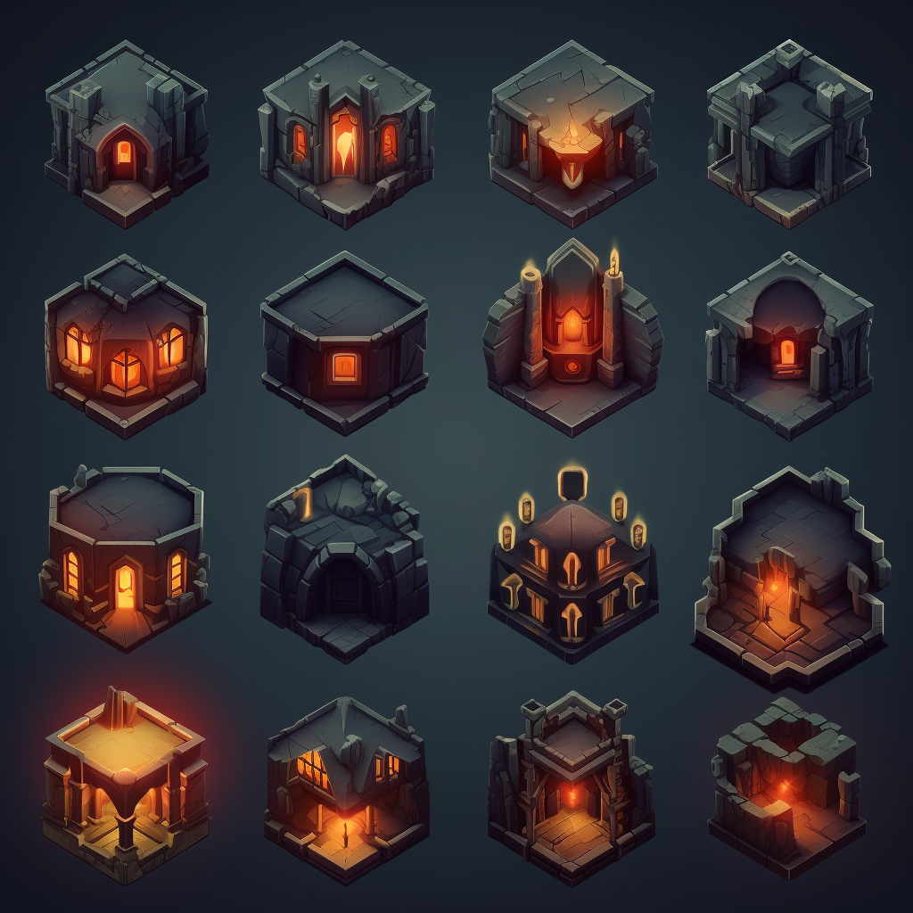 Hexagonal dungeon room icons