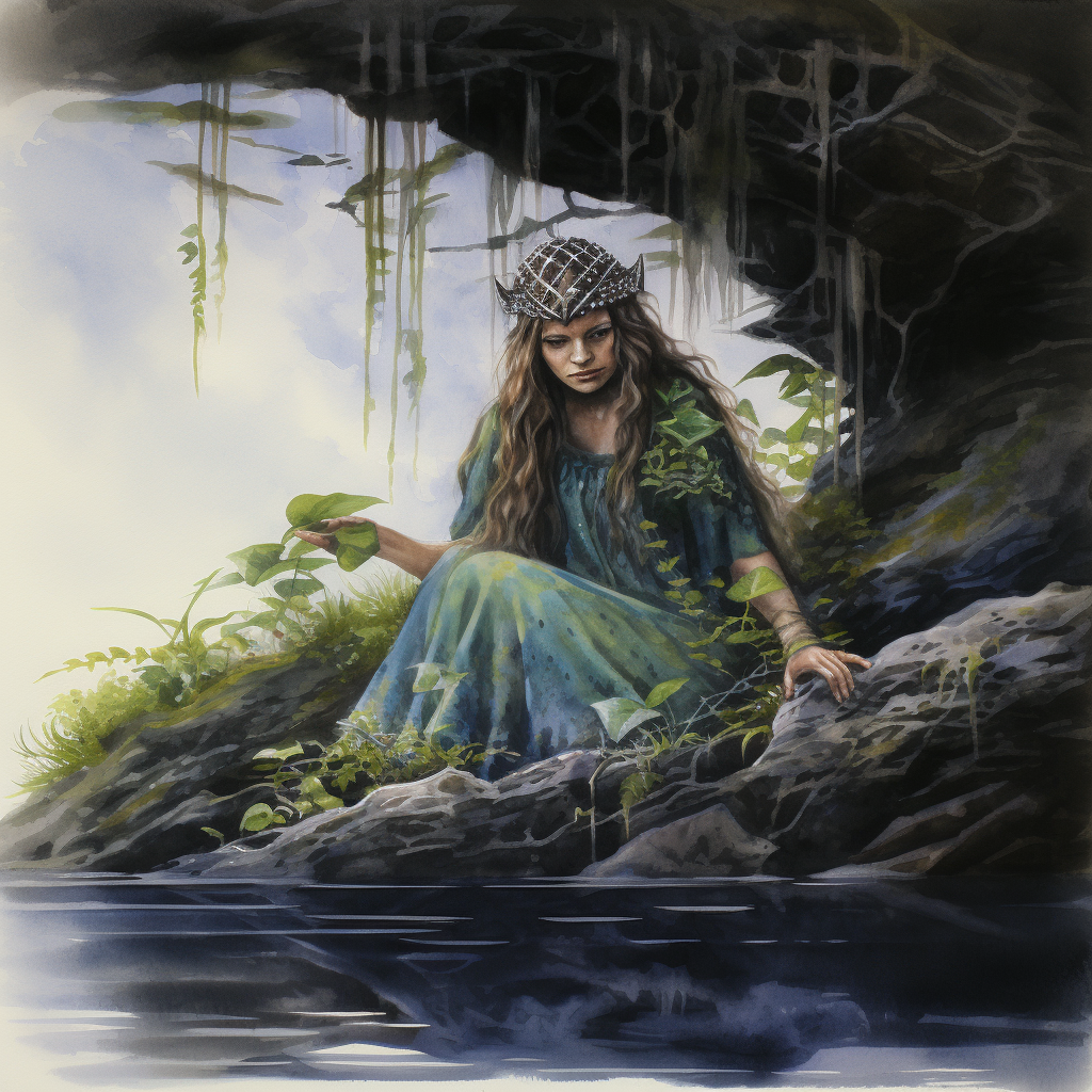 Dark Fantasy Watercolor of Fairy Queen in Swamp