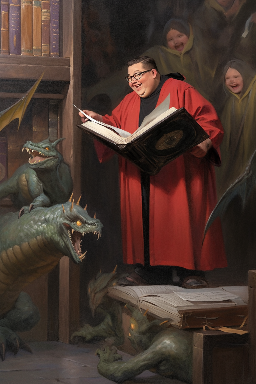 Close-up of laughing wizard reading books