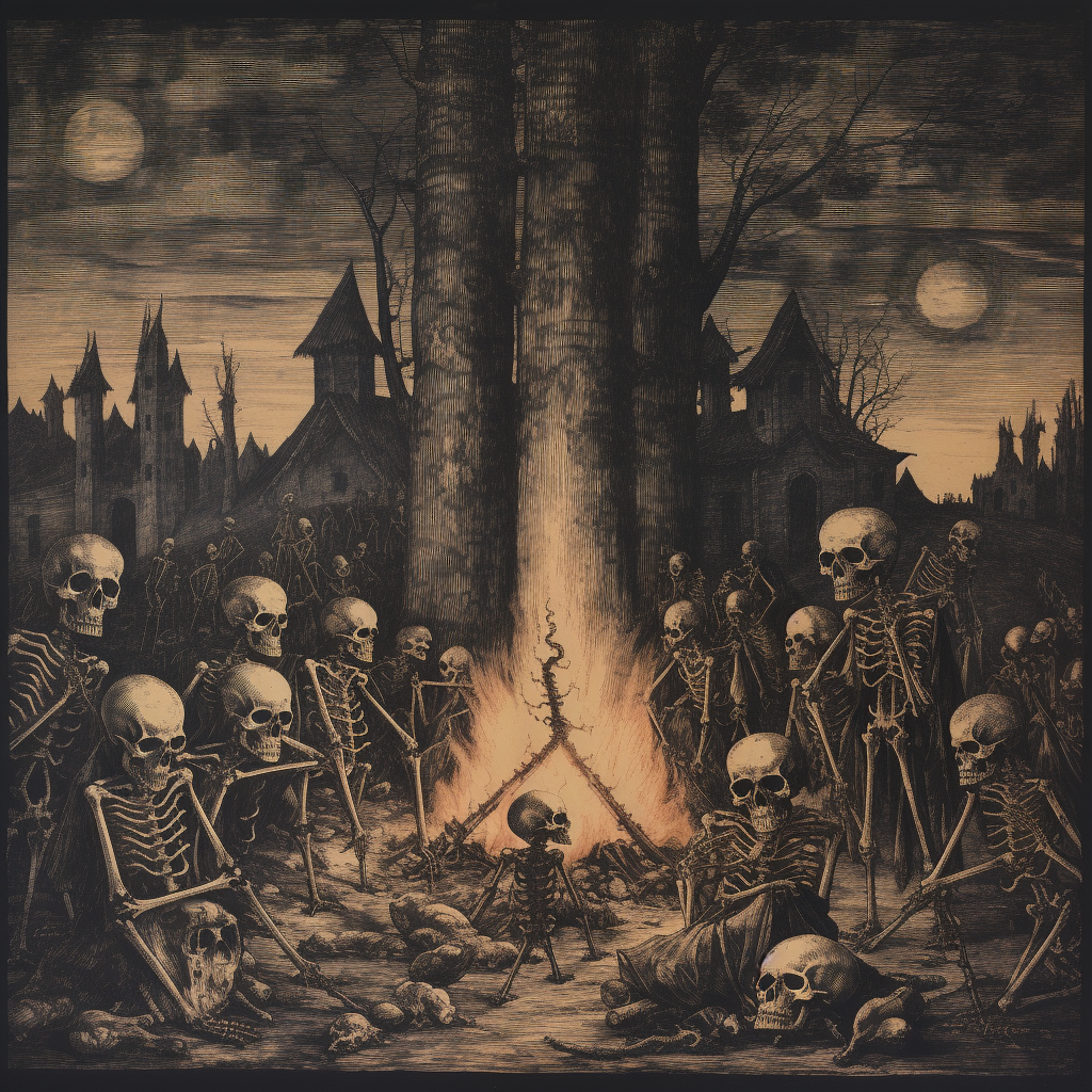 Dürer Style Wood Block Print Skeletons Fire Trees