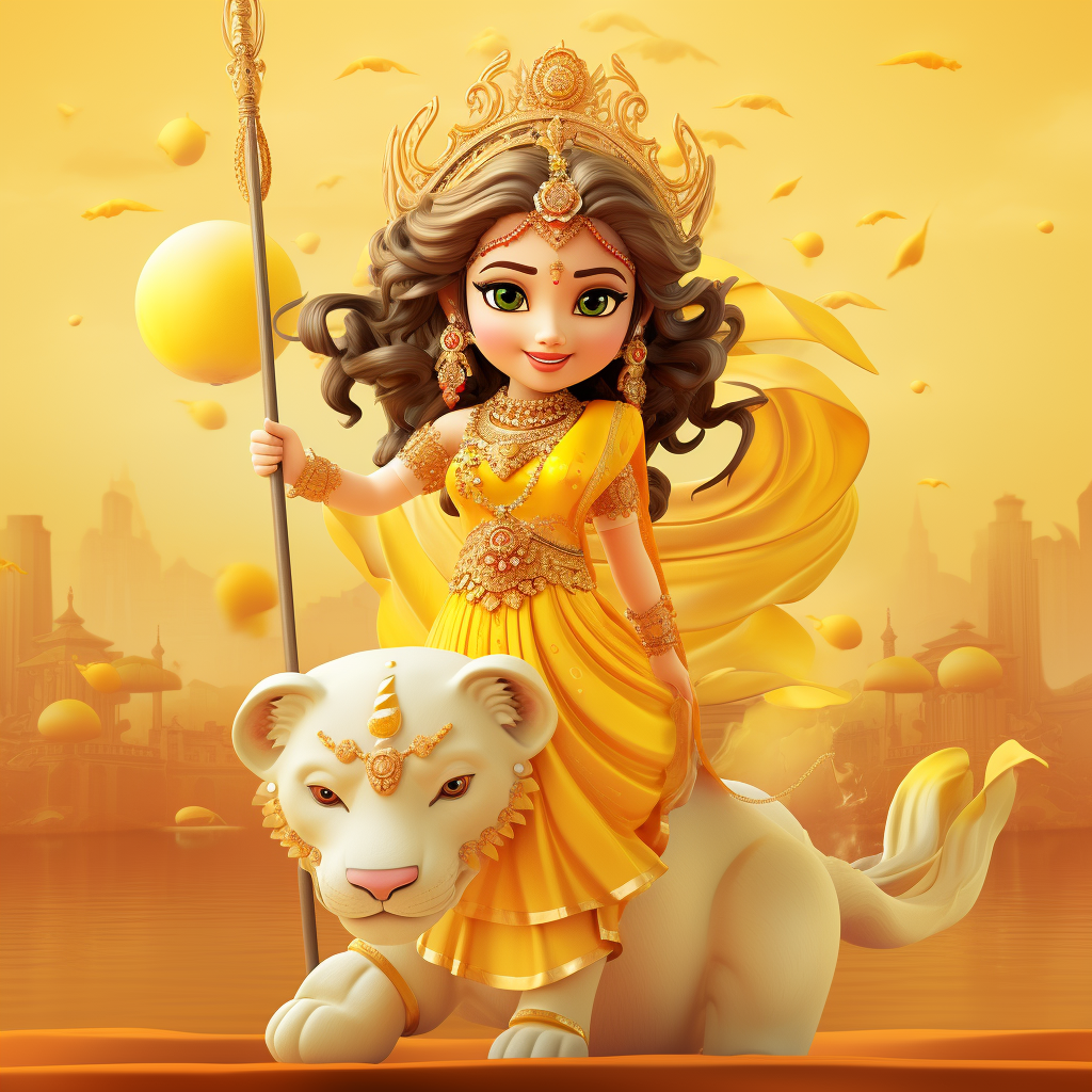 Pixar Style Lord Durga in Yellow Saree with Lion