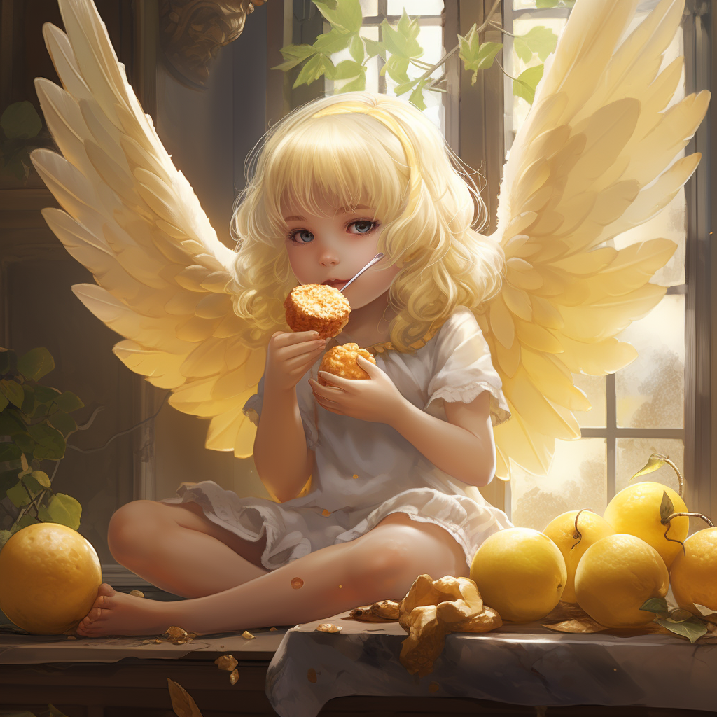 Little girl with wings enjoying durian