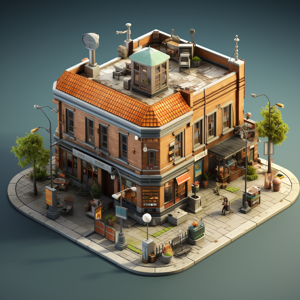 Isometric game architecture of a brick community center