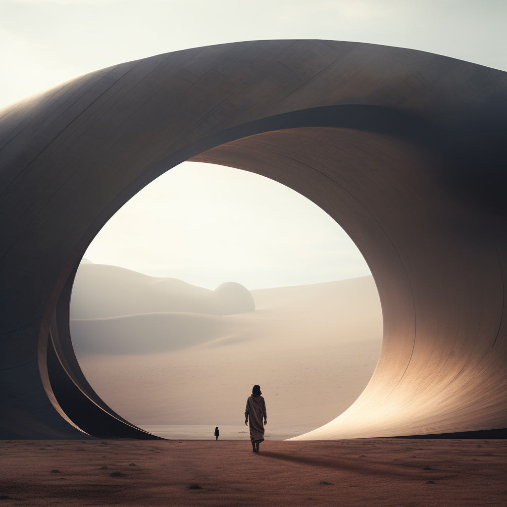 Minimal desert with futuristic architecture and person