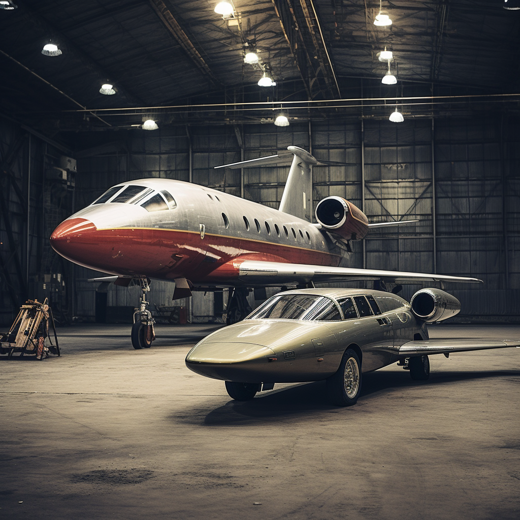 Abandoned airplane hanger with dusty Ferrari and private jet