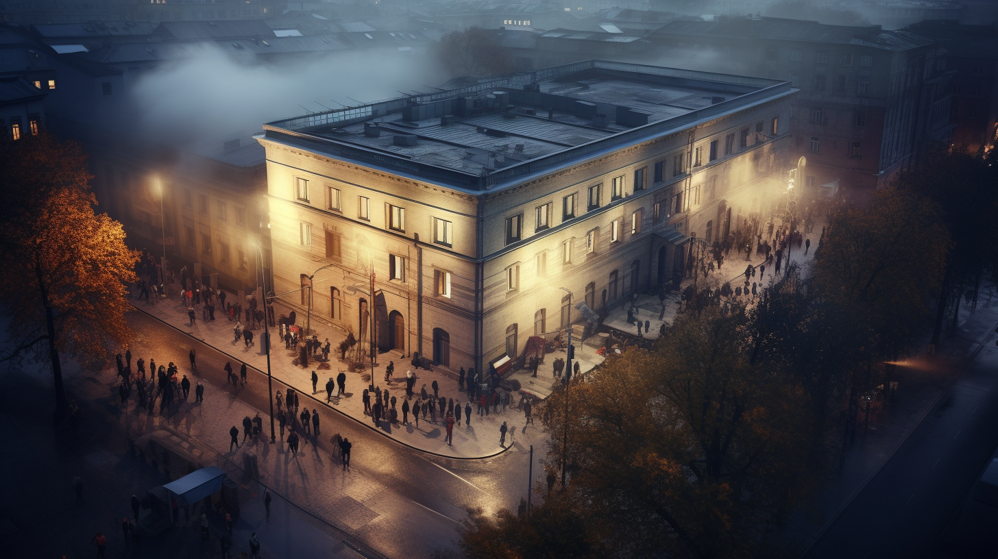 Aerial view of Dutch club Berghain at dawn with people queueing