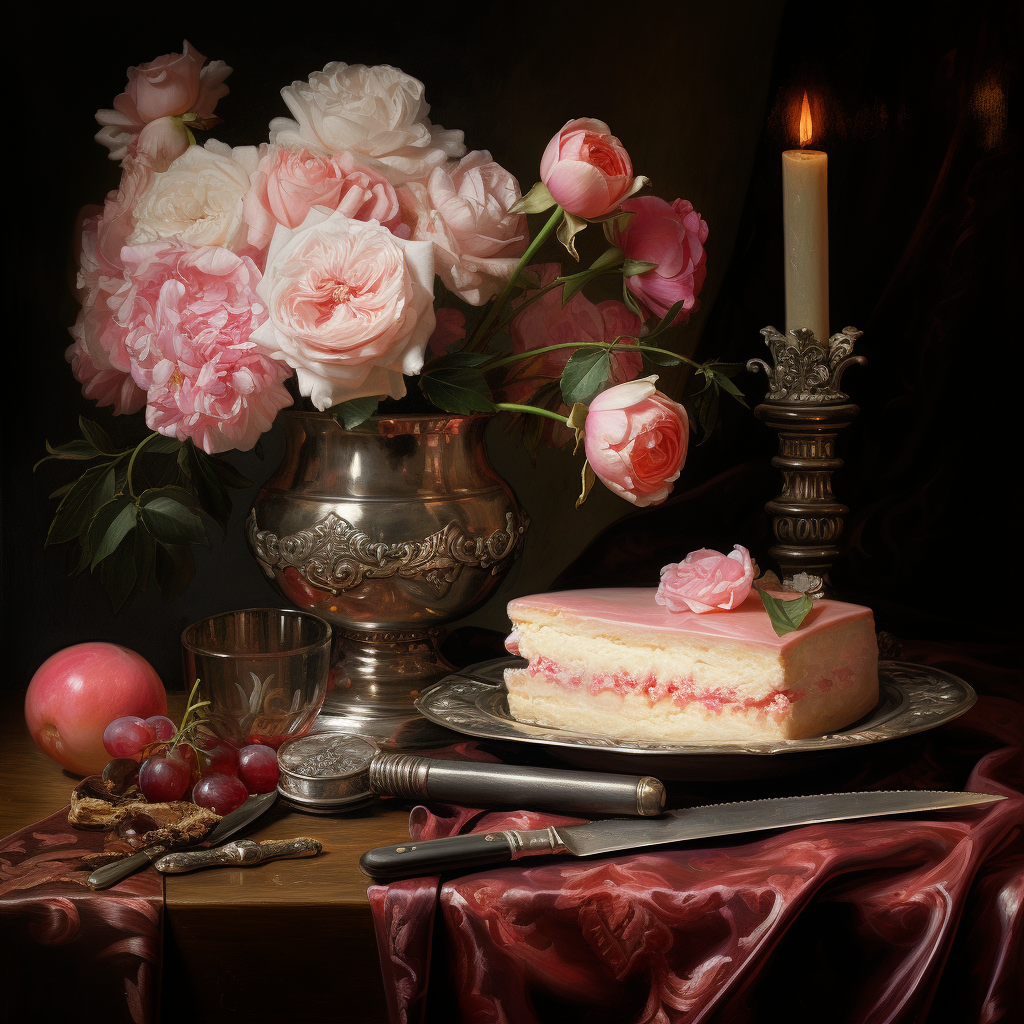 Pink cake on salmon plate with Dutch Masters motif