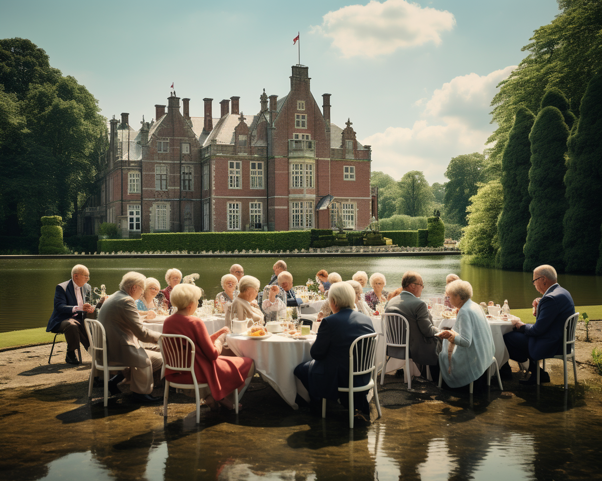 Retired seniors having high tea in castle gardens