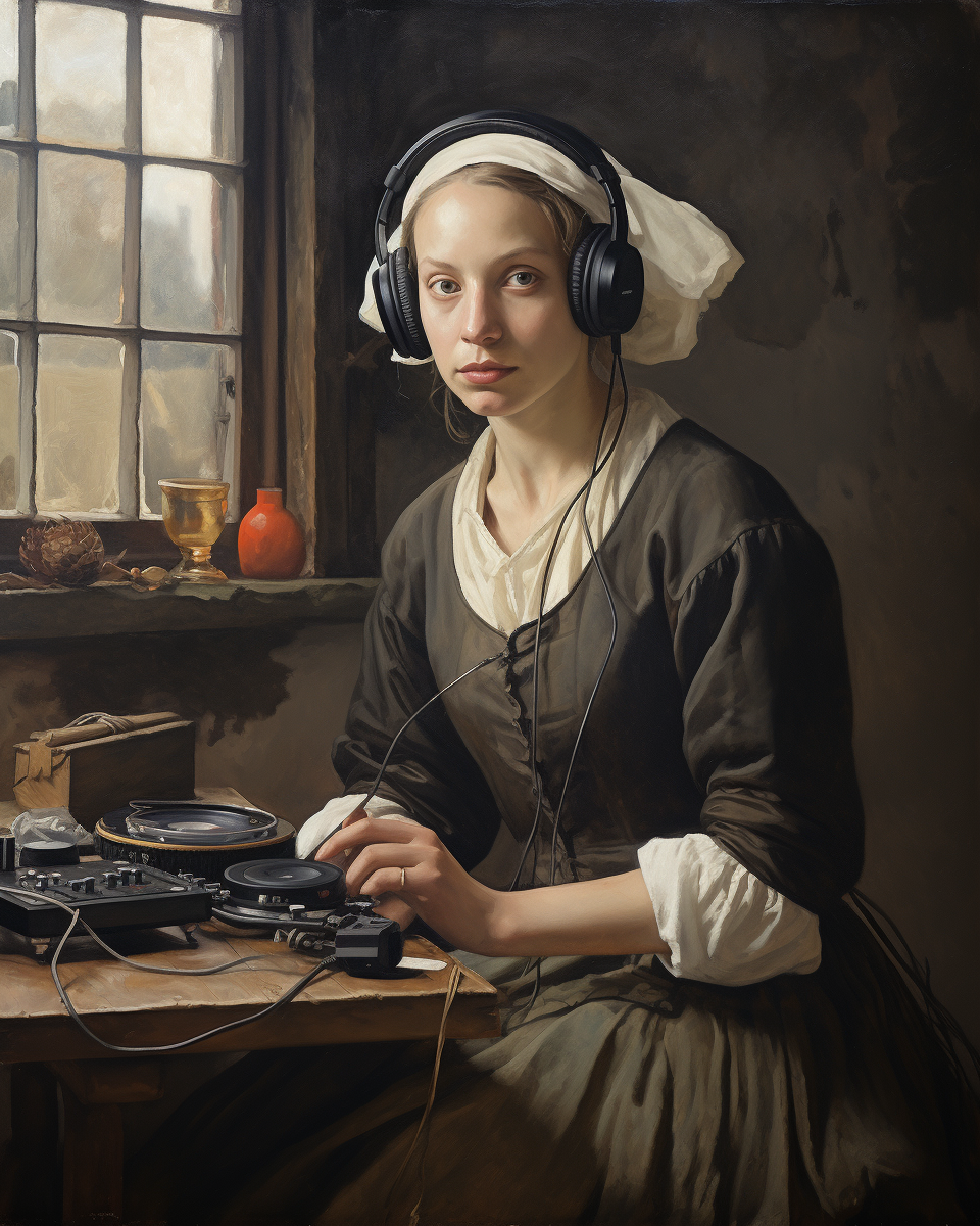 Fine art painting of Dutch woman with modern headphones