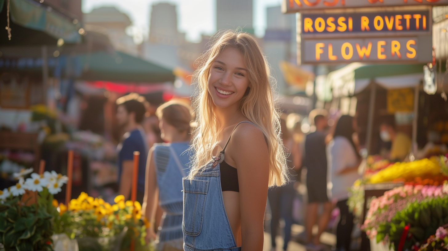 Dutch girl in overalls smiling at marquee sign