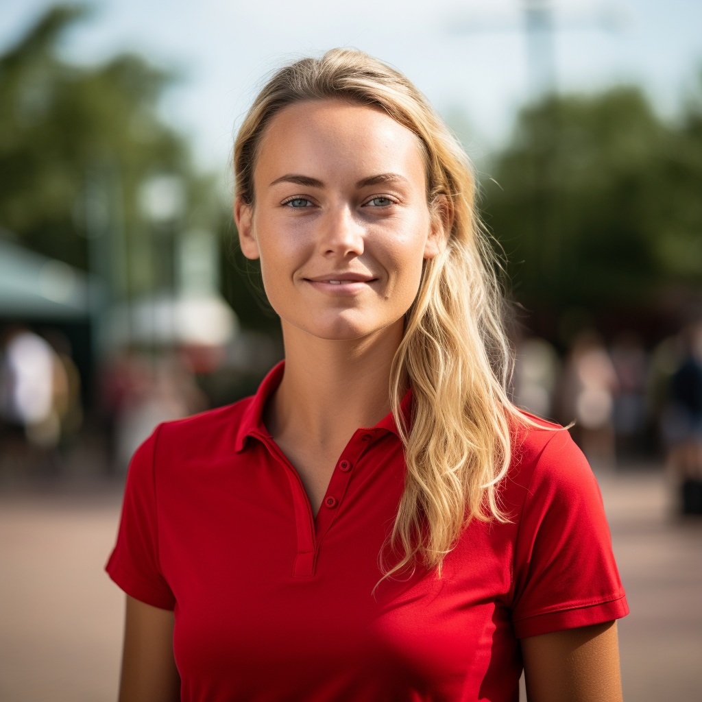 Dutch woman in red polo standing