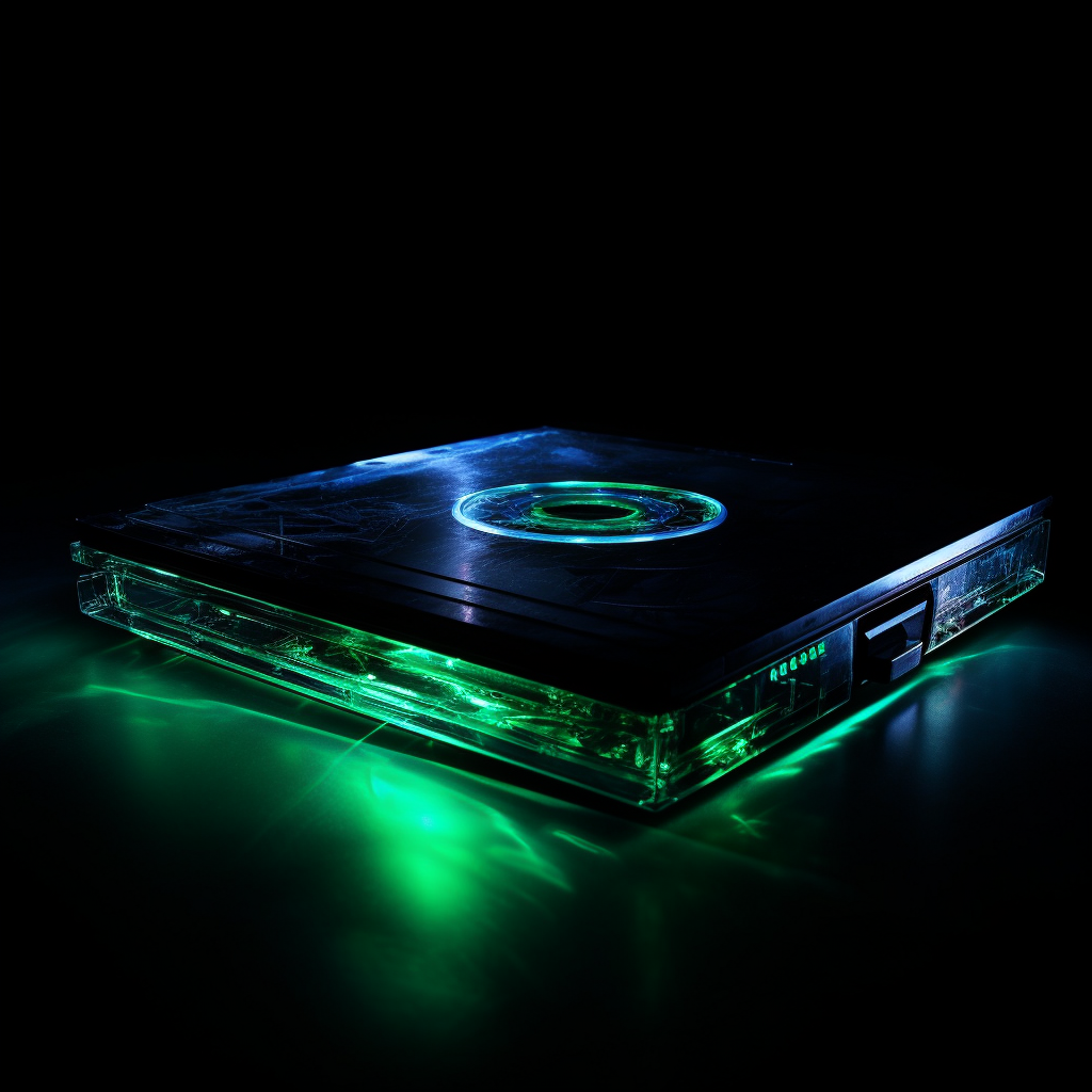 Glowing DVD player in darkness