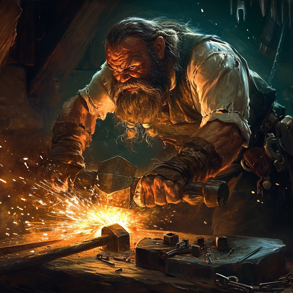 Dwarf blacksmith forging with sparks, fantasy atmosphere