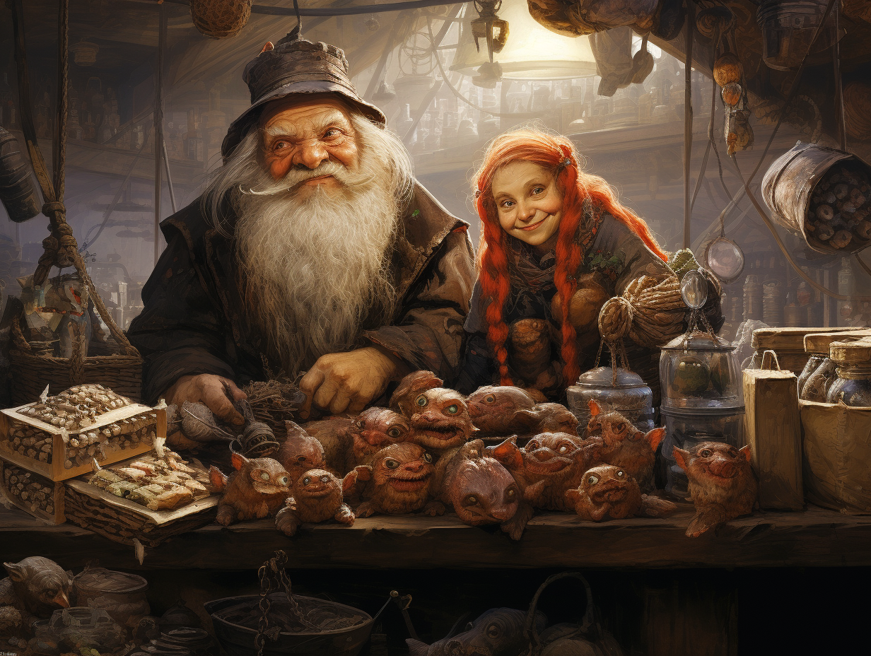 Dwarf couple selling magical goods at market portrait by Jean-Baptiste Monge