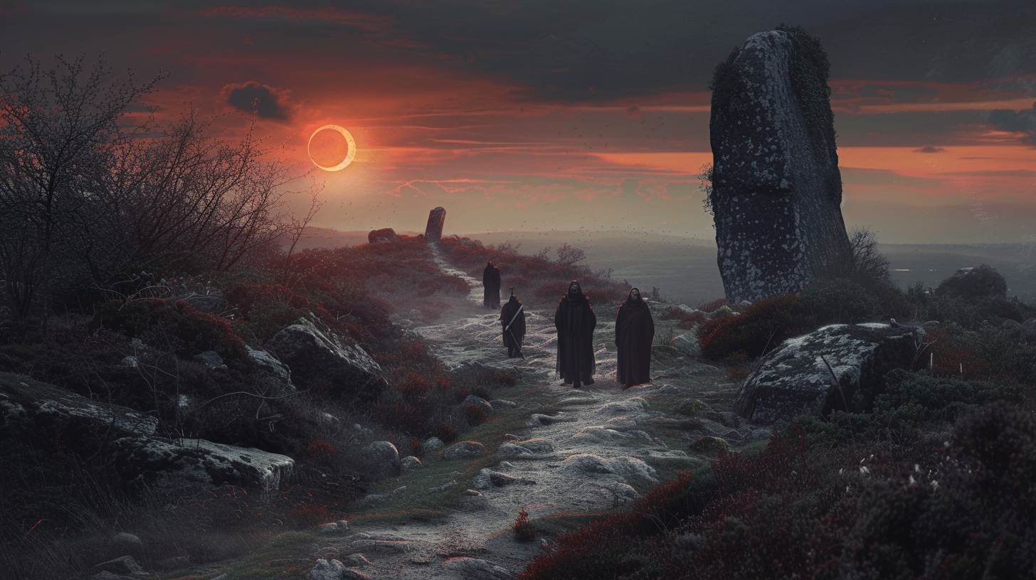 Group of pilgrims walking on a Celtic hill