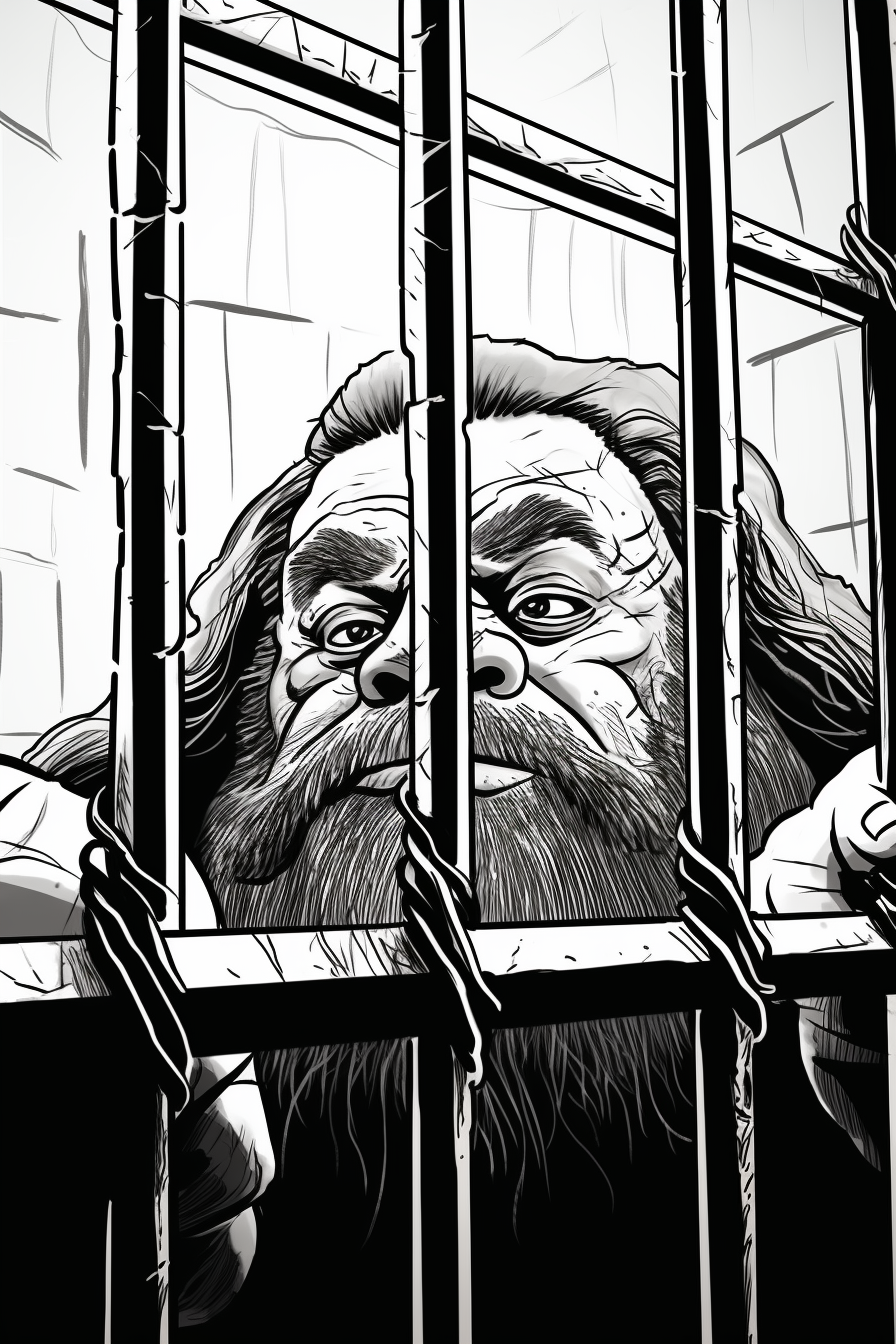 Dwarf prisoner behind metal bars