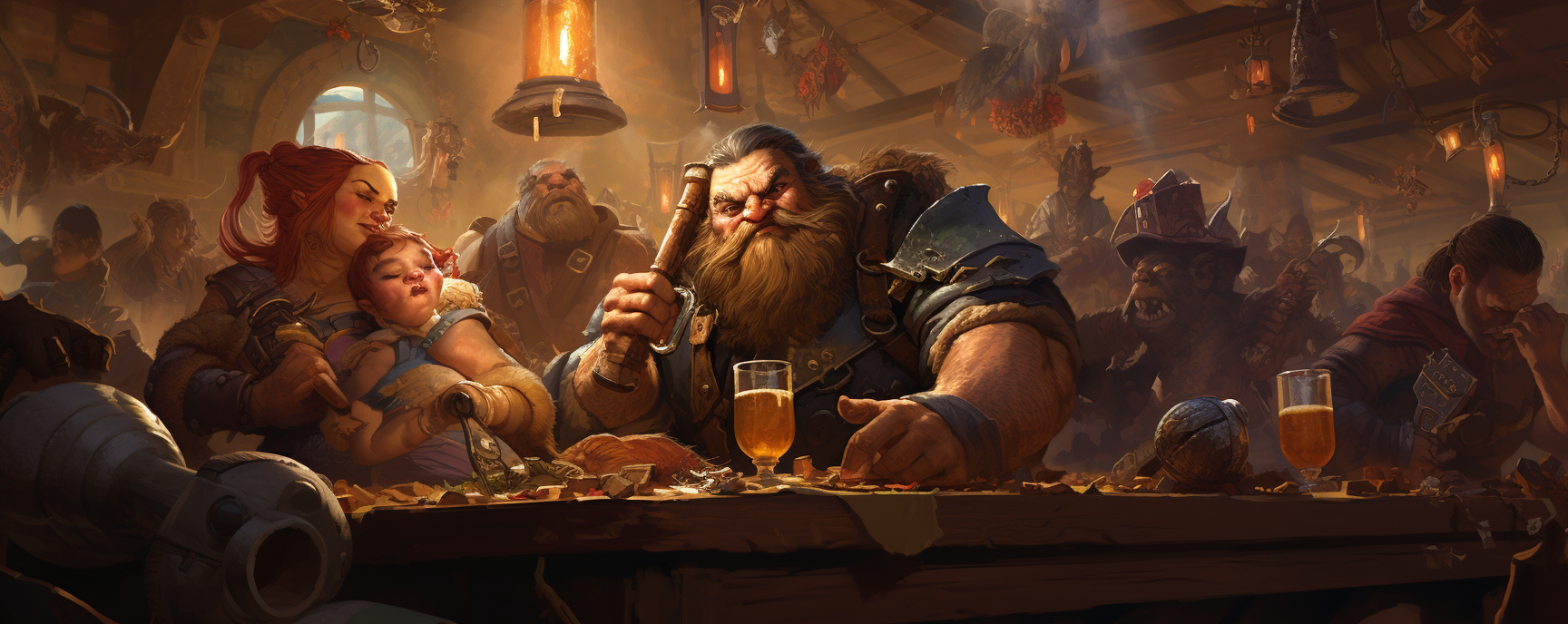 Dwarf warriors enjoying drinks at the tavern