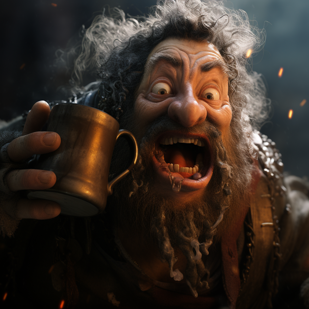 Close-up of dwarf's face being hit by a mug