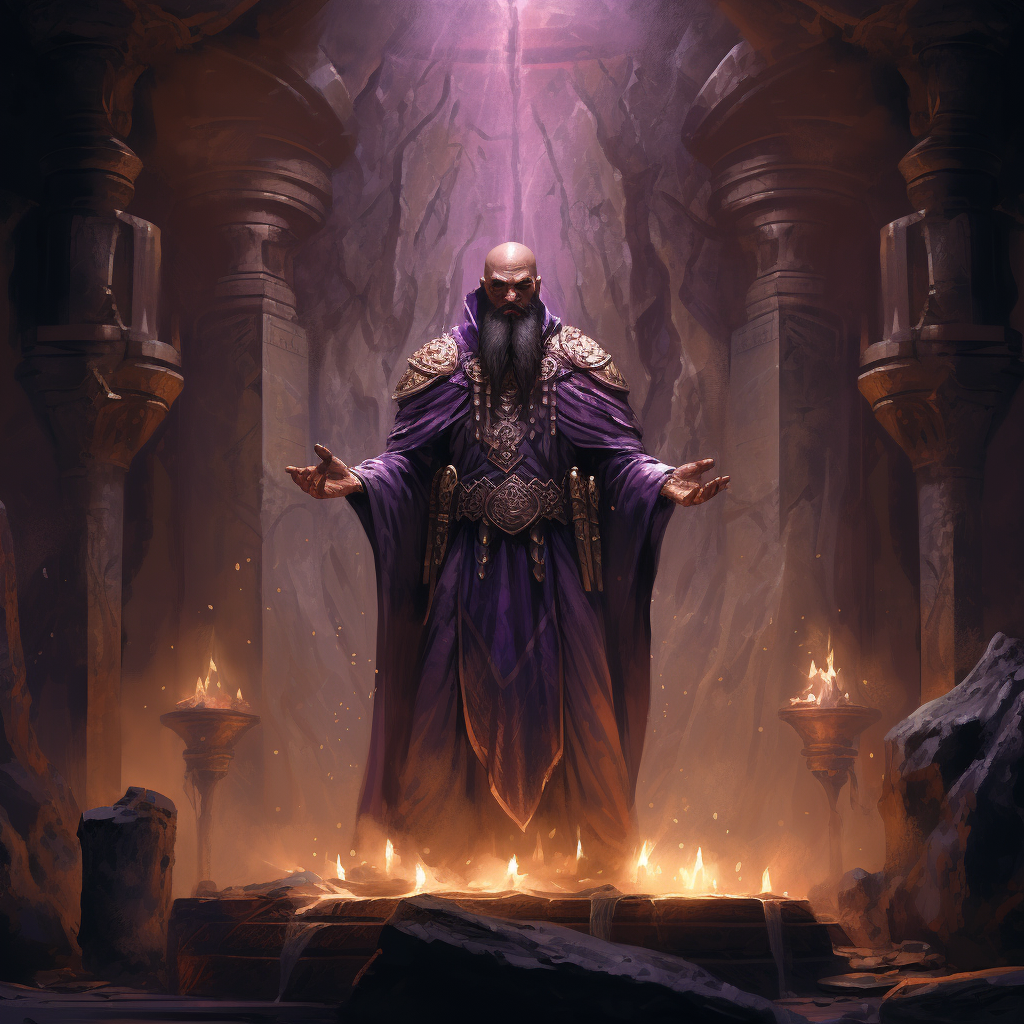 Dwarf in Purple Robes at Egyptian Altar