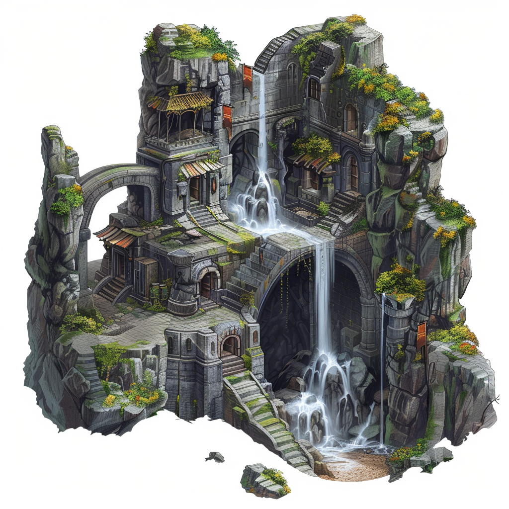 Dwarven city waterfall cave rocks