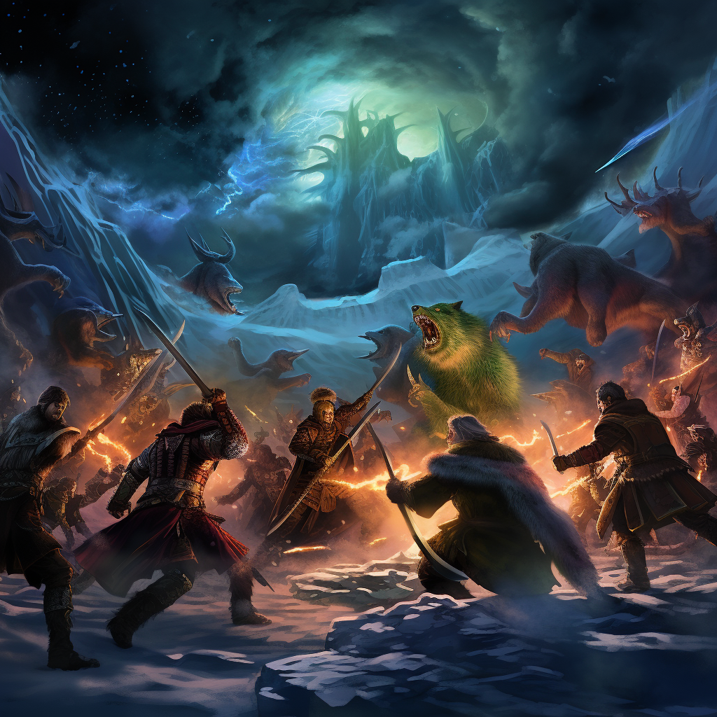 warriors clashing under auroras battle scene