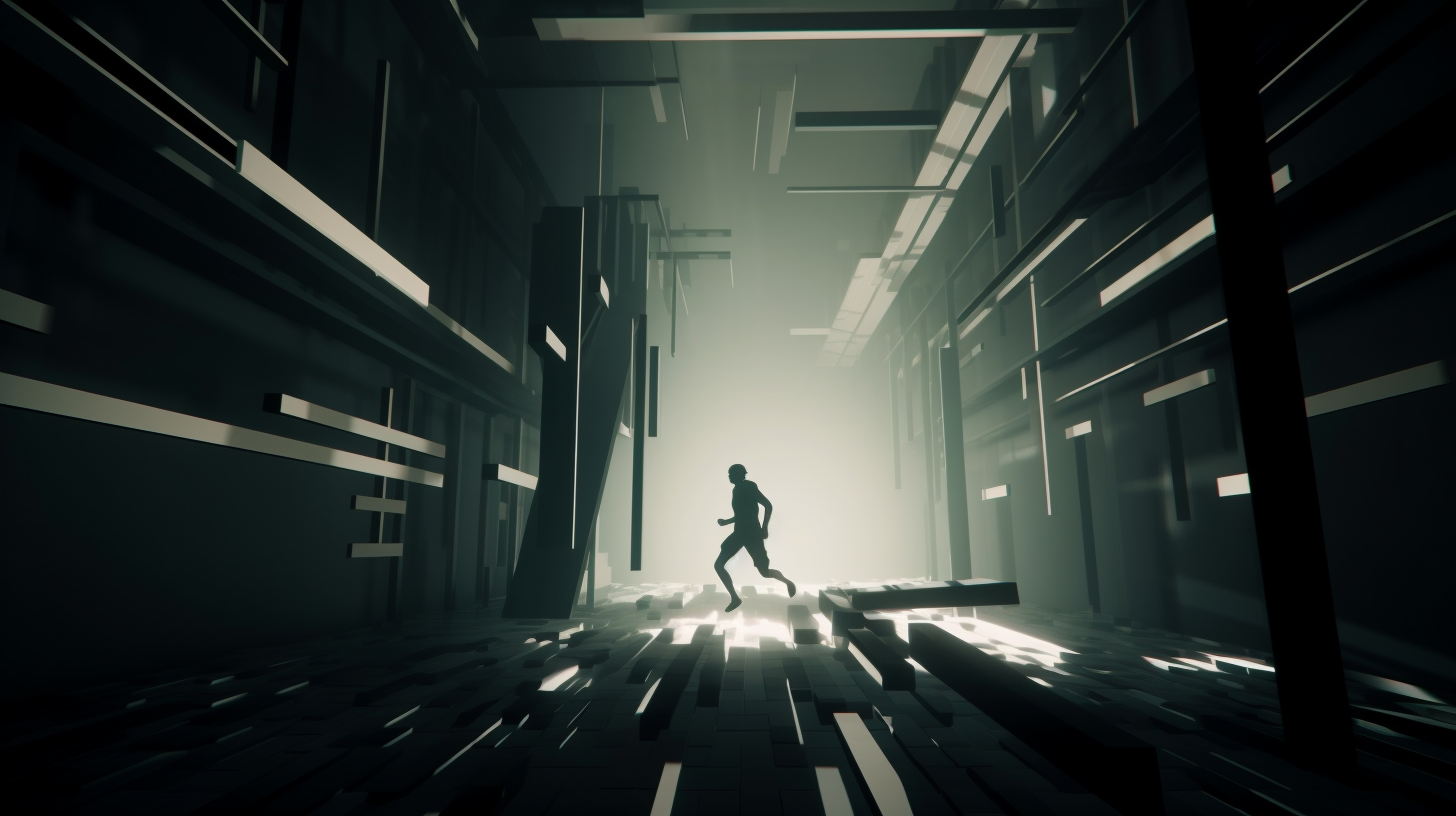 Character running through sleek environment