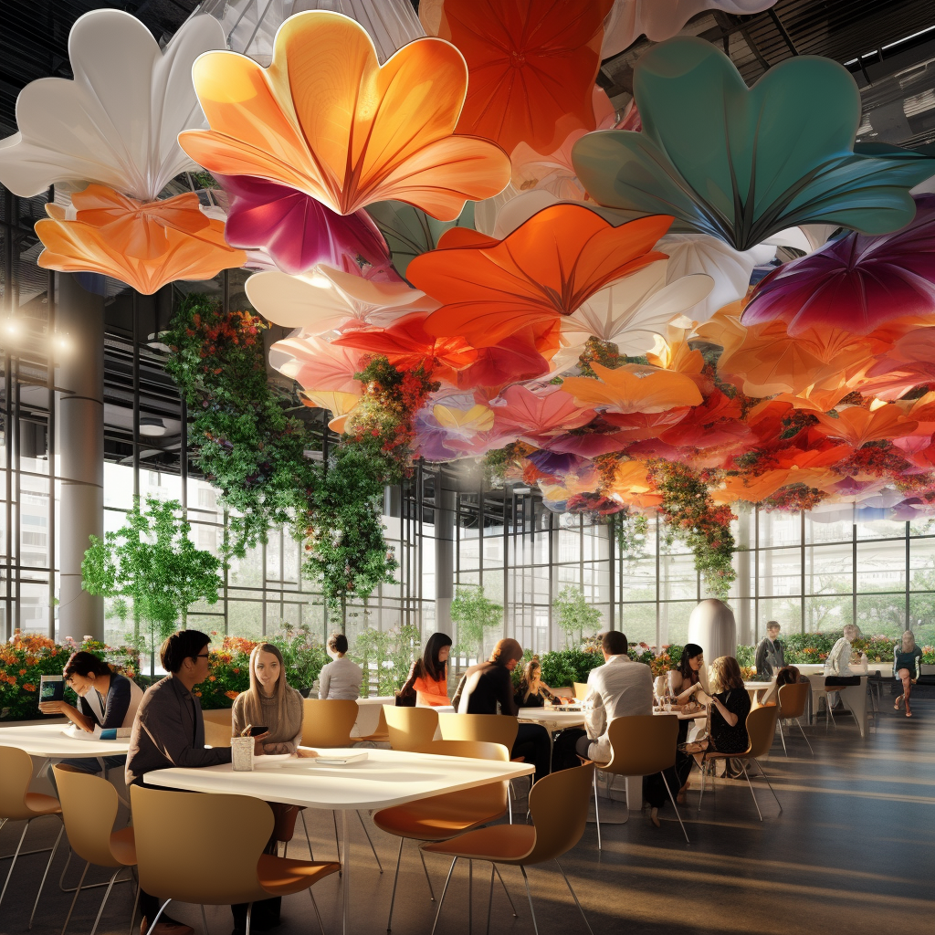 Colorful sound absorbent roof over dining area