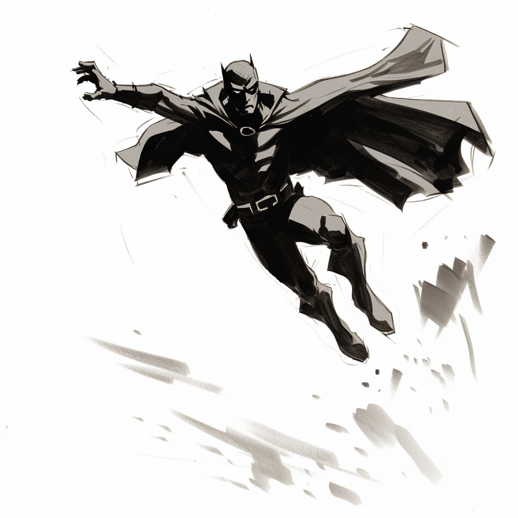 Dynamic hovering superhero sketch by Mike Mignola