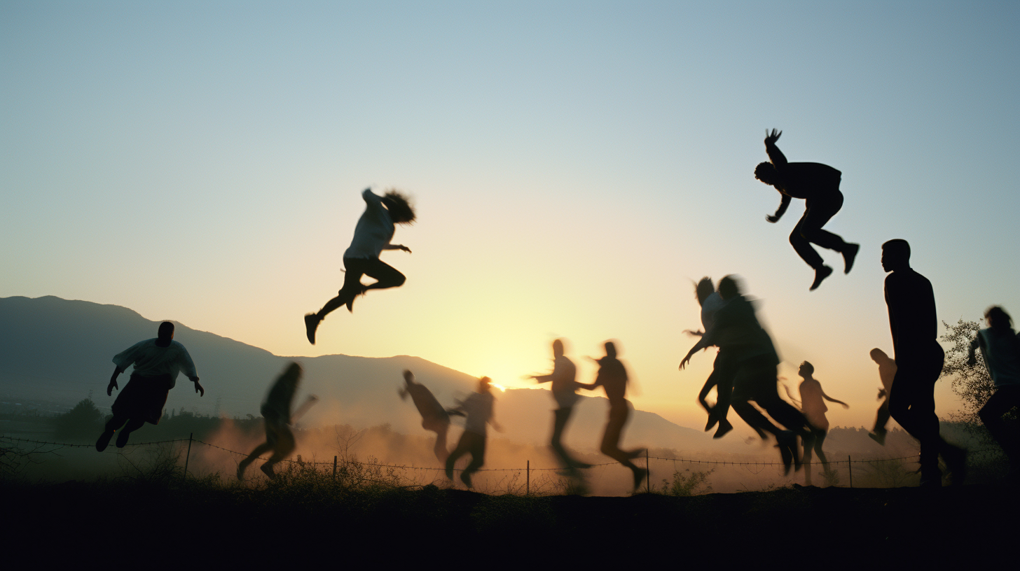 Teens dancing in twilight California hills