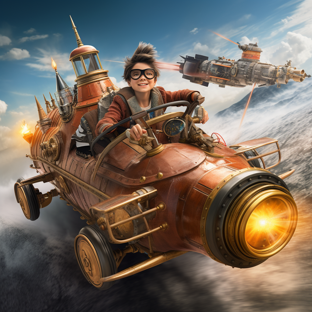 Child piloting dynamic steampunk podracer