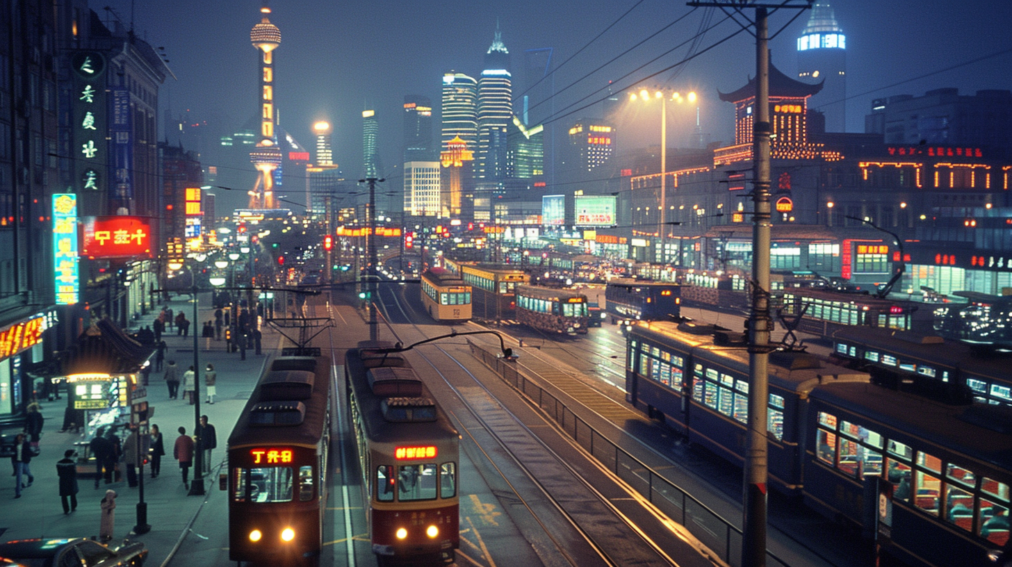 Busy Shanghai Cityscape Trams