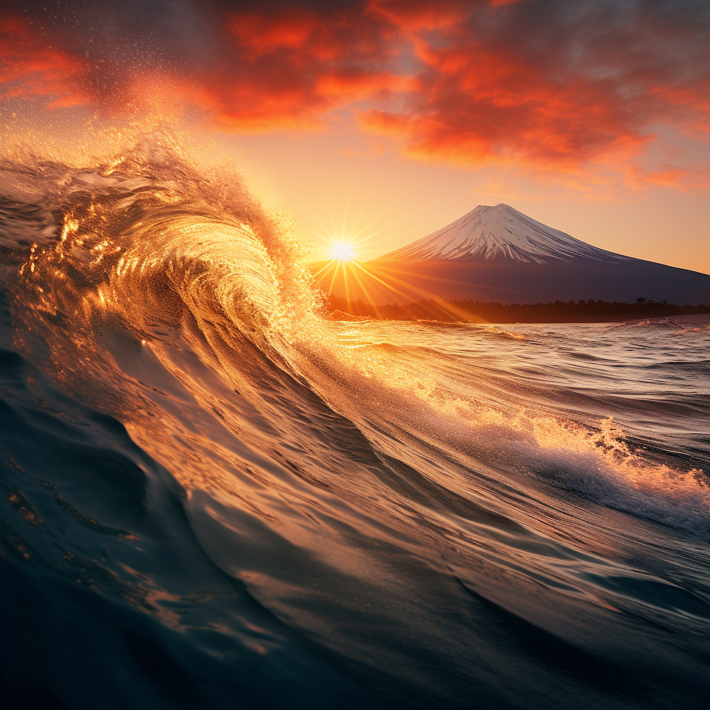 Beautiful sunset with dynamic waves and Mt. Fuji