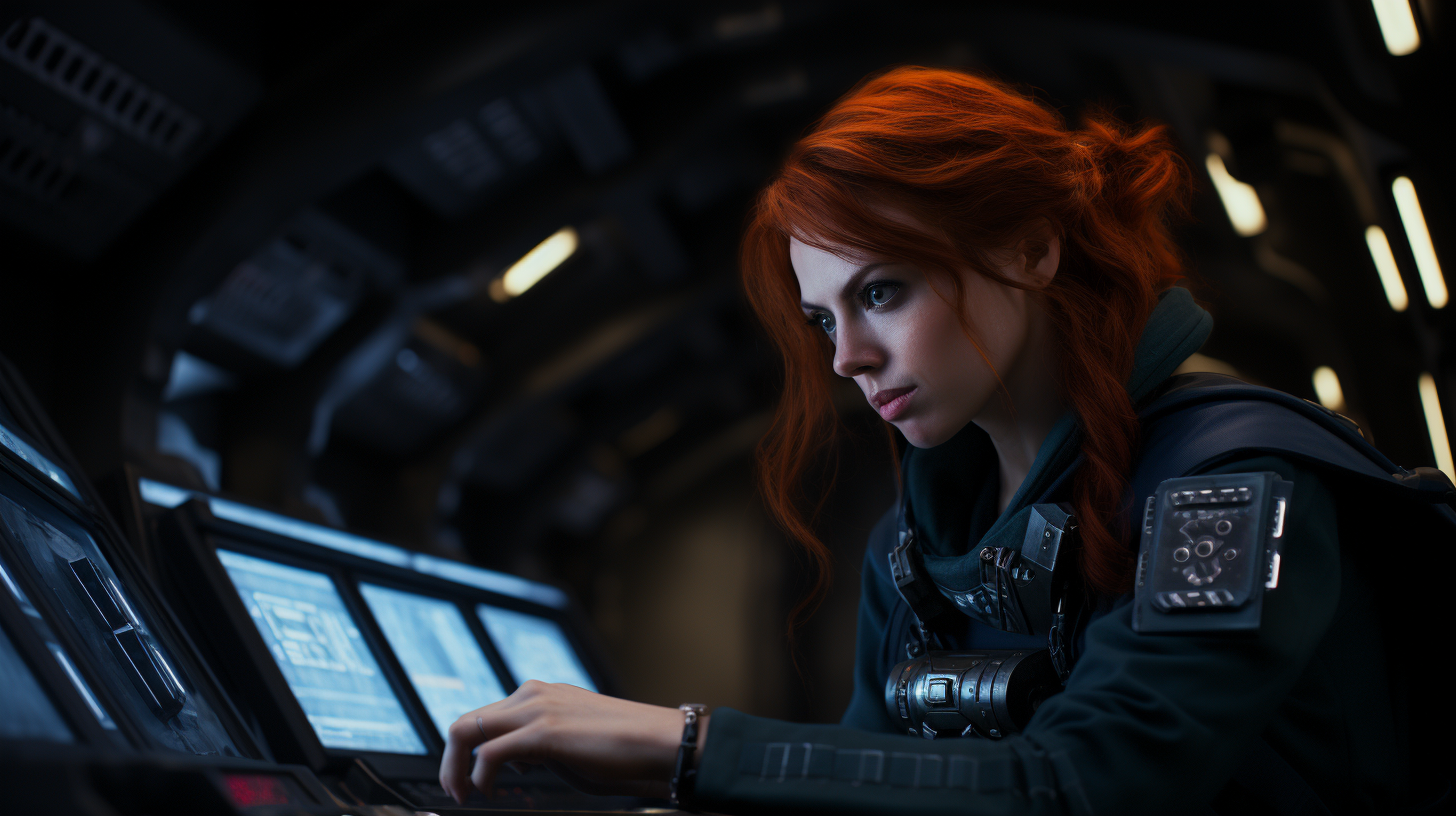 Red-haired female captain on spaceship bridge in dynamic lighting