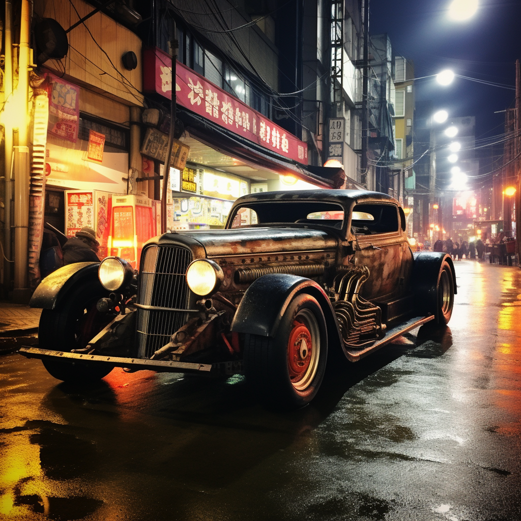 Dystopian 1930s Hotrod Parked Toyko Image