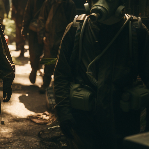 Dystopian Japanese city with gas masks in alley