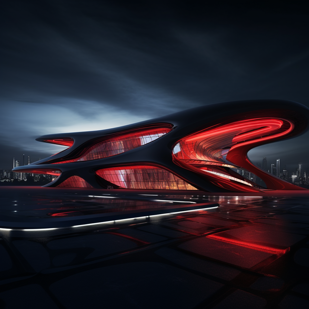 Dystopian public building with red lighting and solar panels