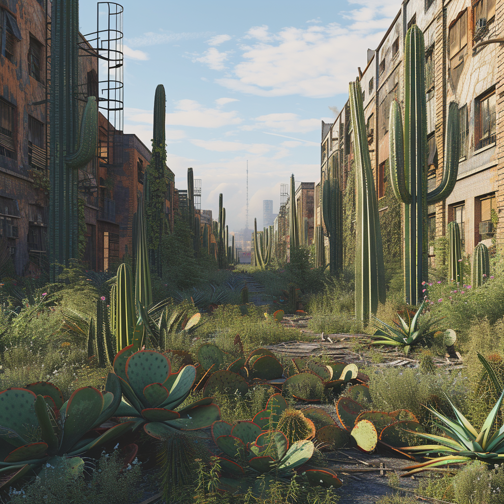 Dystopian urban landscape with overgrown cacti