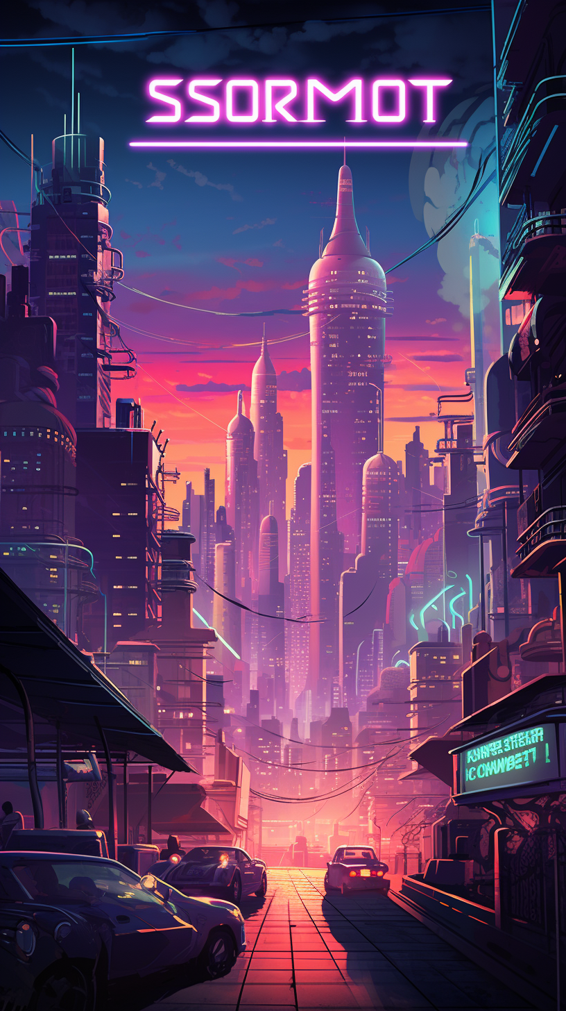 Dystopian cityscape with towering skyscrapers and neon lights