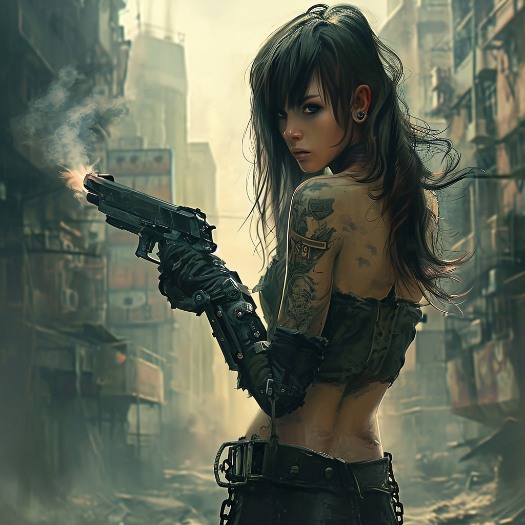 Dystopian girl with futuristic gun in destroyed city