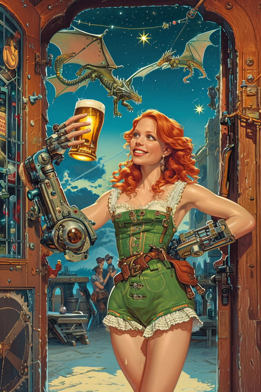 Dystopian Redhead Barmaid in Tavern Entrance