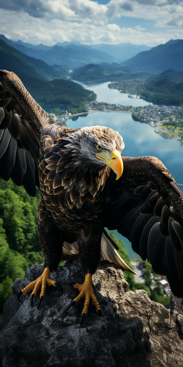 Eagle flying over mountains and sea