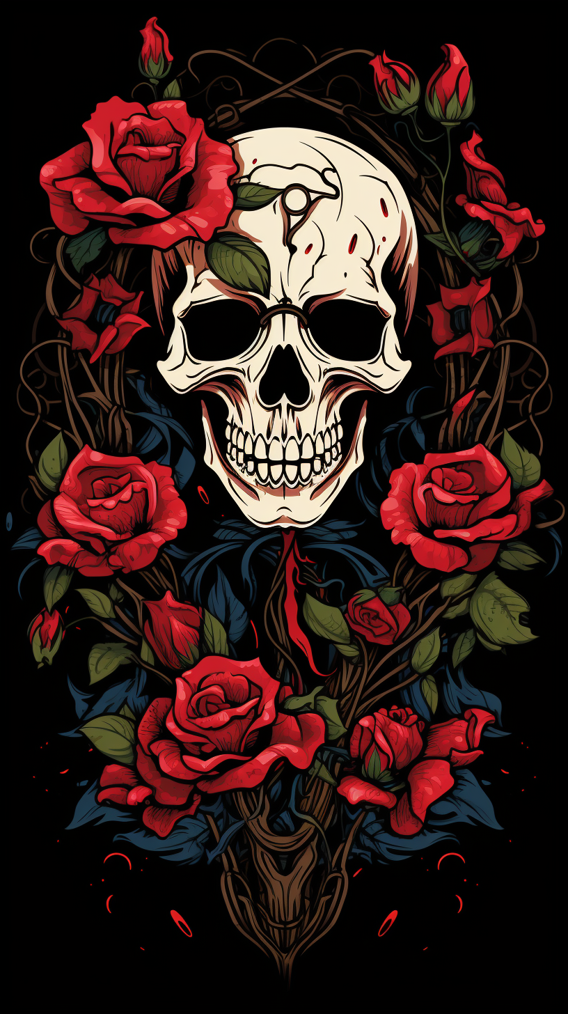 Illustration of earded mad skull, biker skull, red roses, and thorns