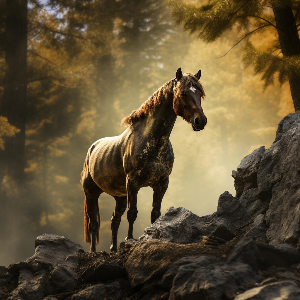 Majestic horse made of rocks in forest