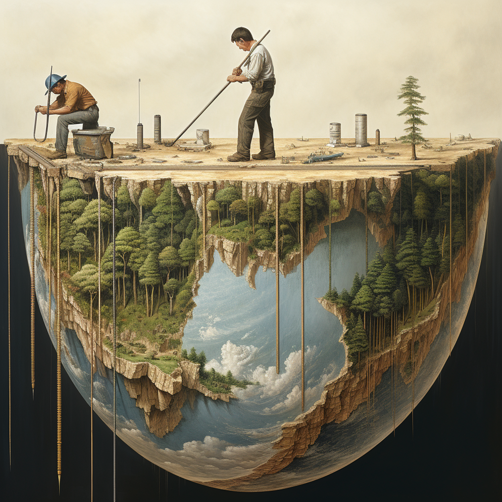 Man measuring Earth with a yardstick